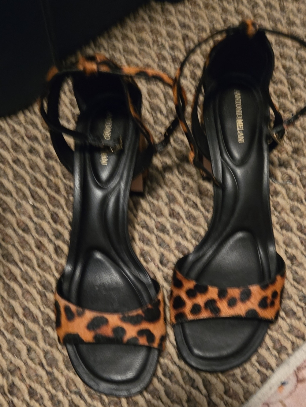 ANTONIO MELANI Black & Leopard Print Ankle-Strap Heels